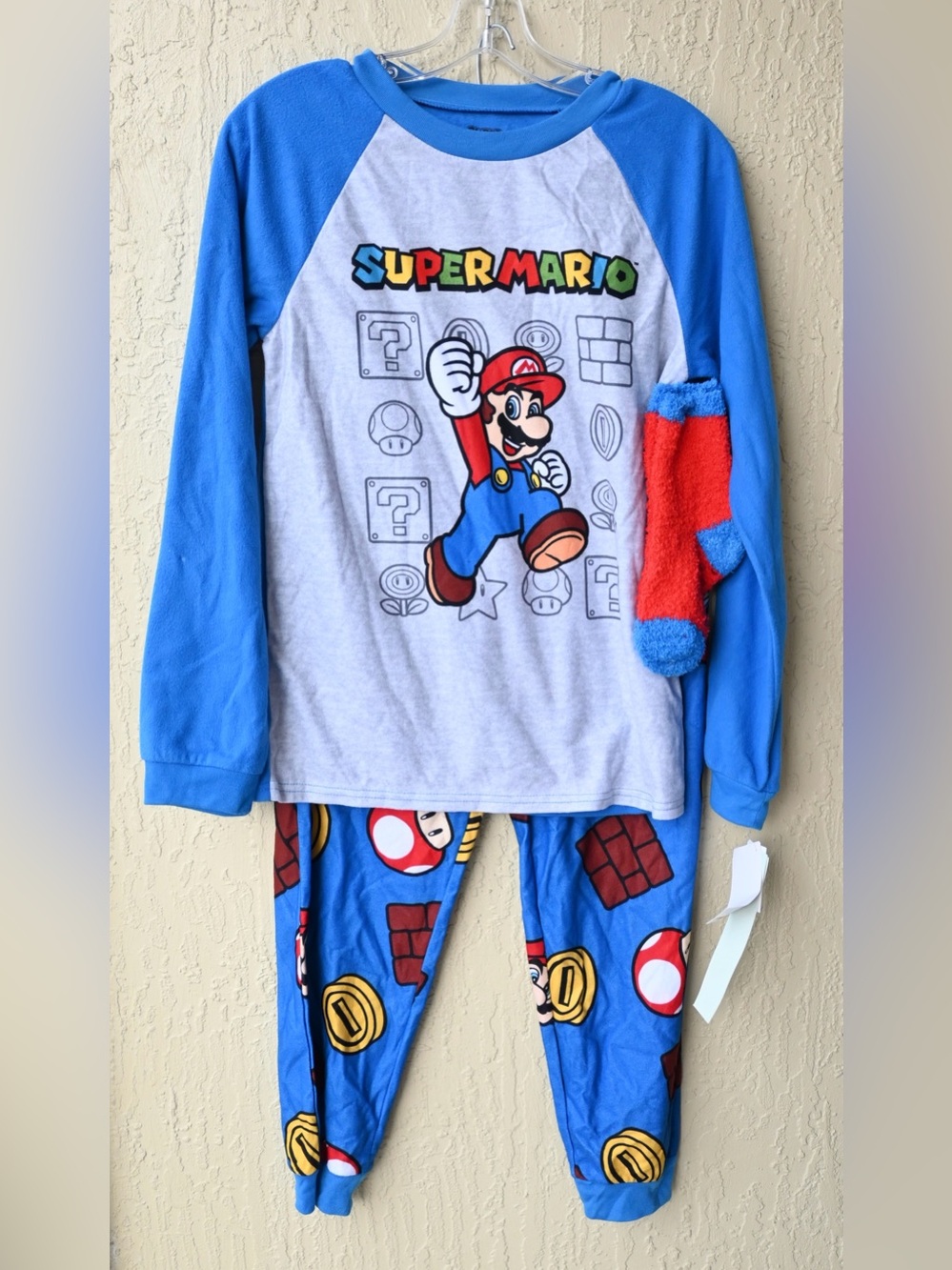 Kids Nintendo Super Mario Blue and Gray Long-Sleeve Pajama Set with Red Socks